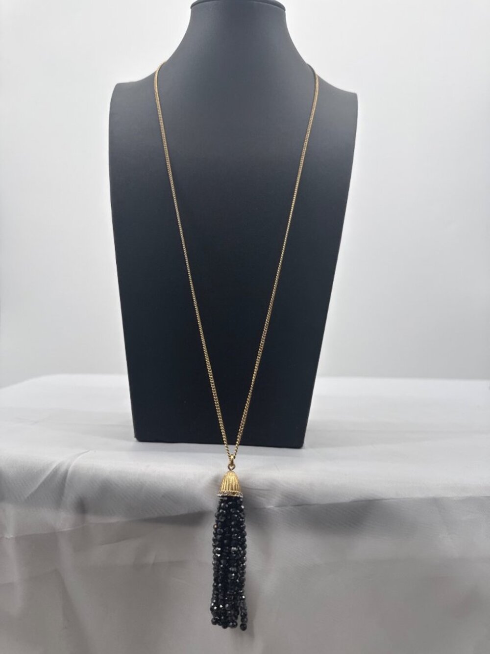 J.Crew Sparkle Beaded Tassel Pendant Long Necklace Gold Black Boho Holiday